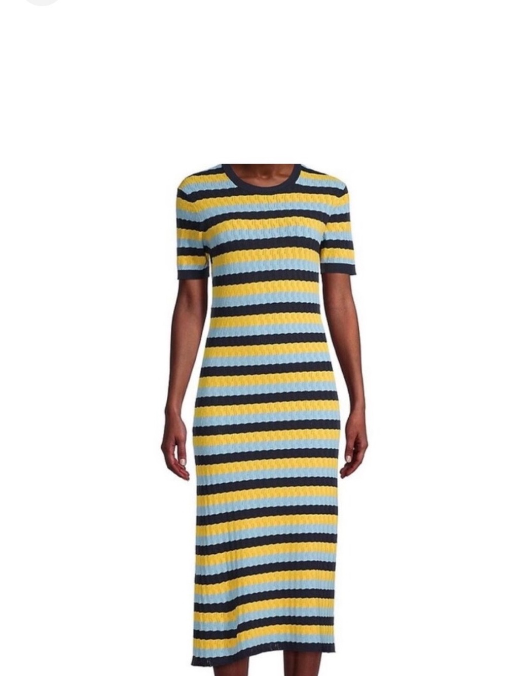 Jason WU Collection Striped Ribbed Midi Dress in Yellow, Light Blue & Black. XL